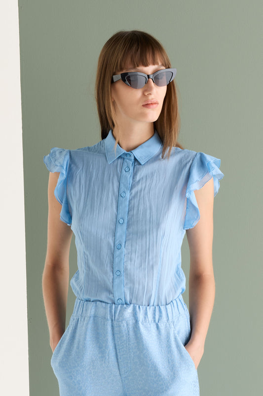 Short Sleeve Cotton Shirt with Ruffles Garment Dyed 66D0 7504