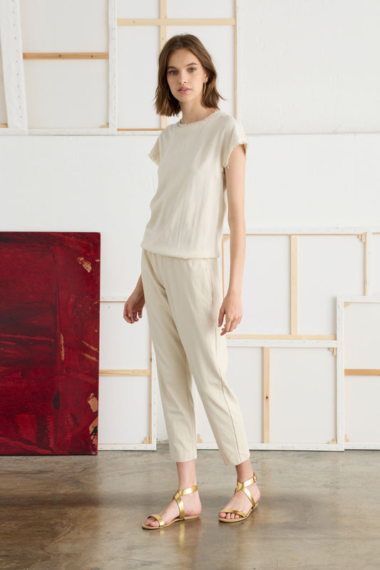 Short-Sleeved Cupro Jumpsuit with Elastic Waistband Garment-Dyed