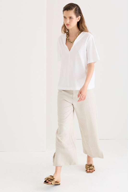 Short-sleeve crepe cotton jersey T-shirt with V-neckline 37E0 2777