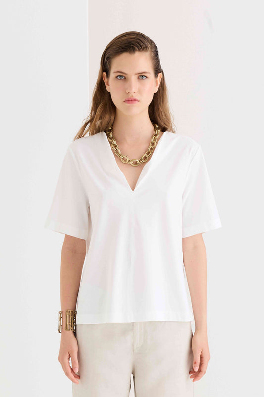 Short-sleeve crepe cotton jersey T-shirt with V-neckline 37E0 2777