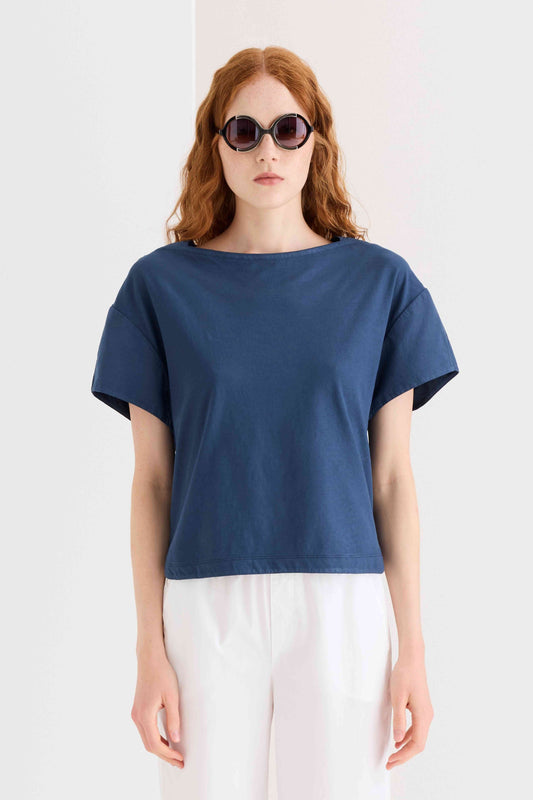Short-sleeve crepe cotton jersey top with double poplin inserts 37P0 2777