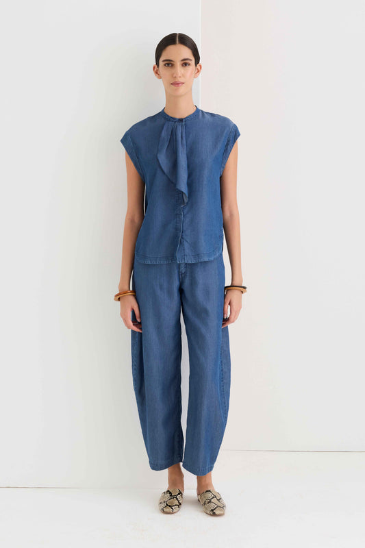 Cap-sleeve shirt in lyocell/denim 66RE 4202