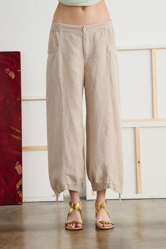 Linen and Lyocell Pants with Drawstring Garment-Dyed - Front