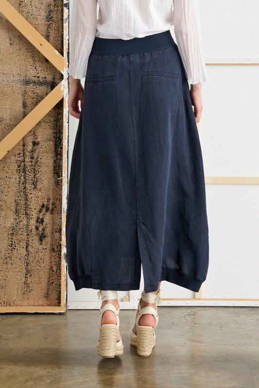 Midi Skirt with Drawstring Waist Garment-Dyed - Back